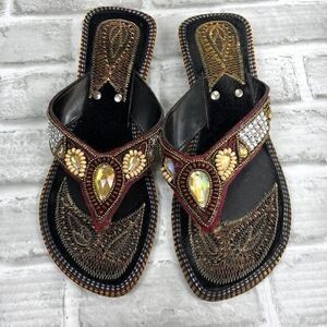 Handcrafted Women's Size 41- 9.5/10 US Beaded Indian Floral Thong Sandals